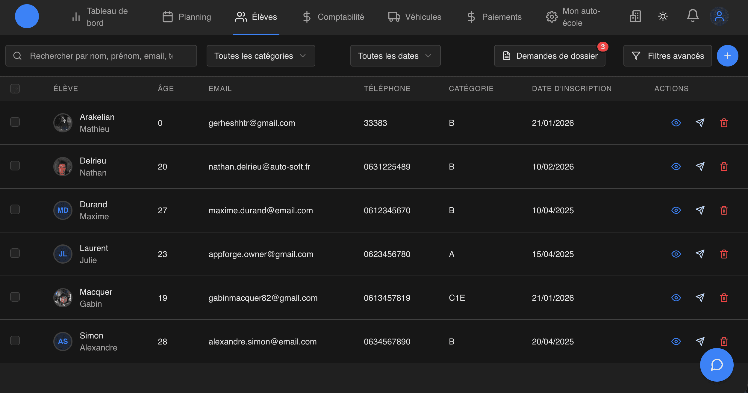 Gestion des élèves auto-école AutoSoft